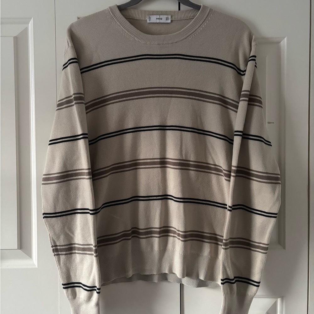 Mango Men's Cream and Brown Striped Crewneck Sweater